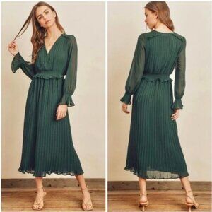 NWT Zara Jamilla Green Chiffon Pleated Midi Dress